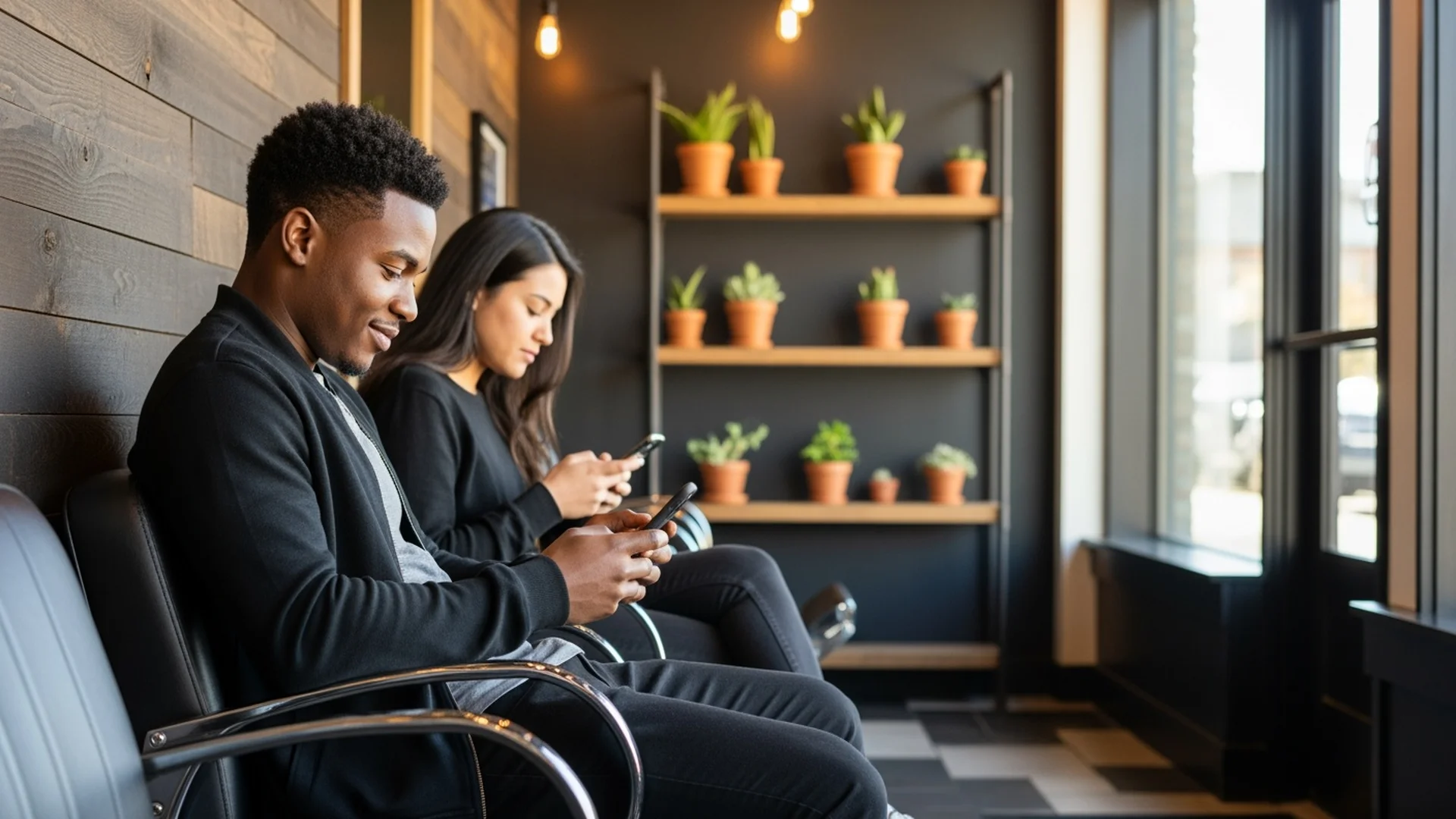 Diverse customers waiting inside a cozy Bellingham barbershop looking at phones