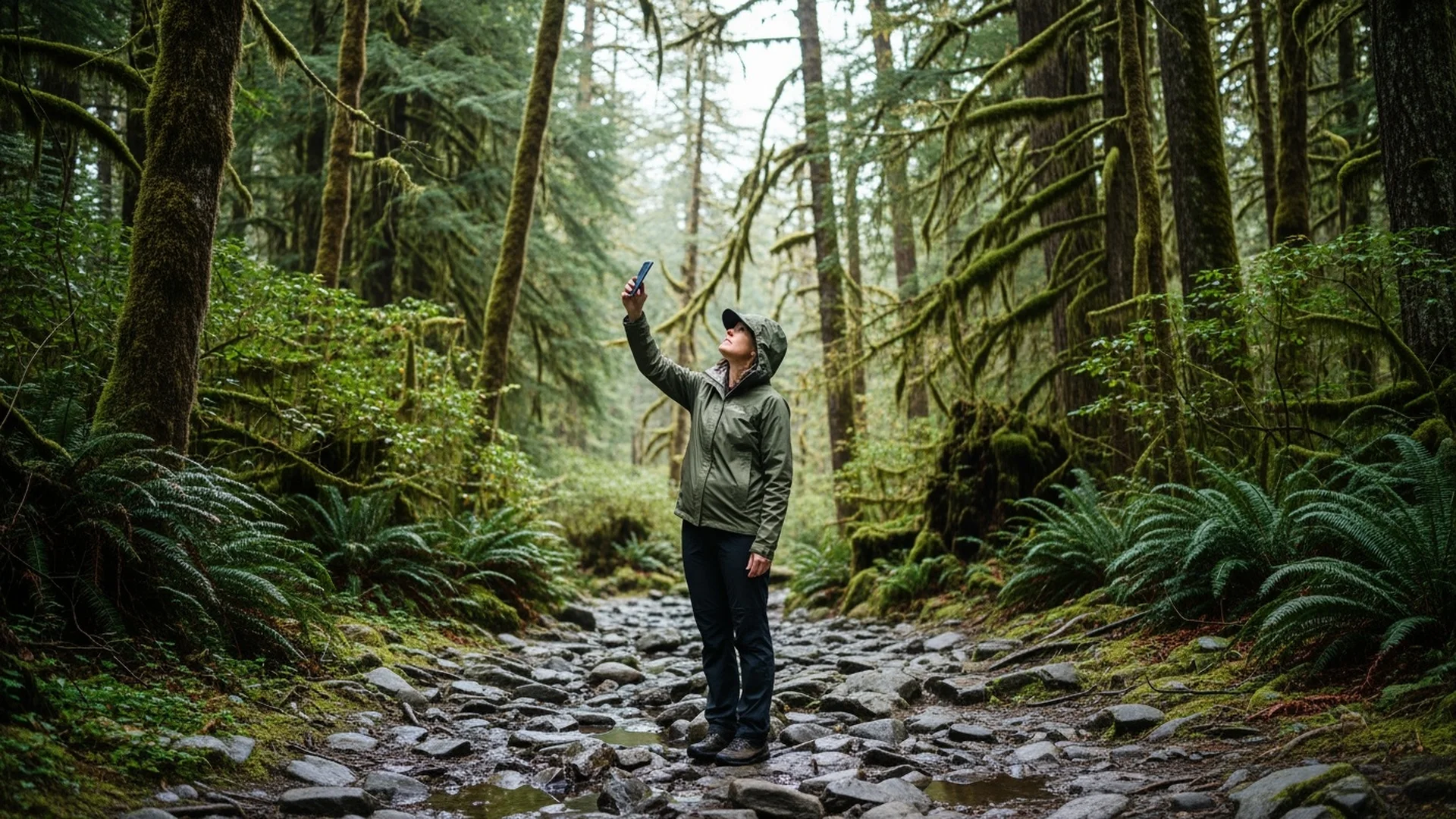Hiker checking phone for cell signal on a foggy mountain trail