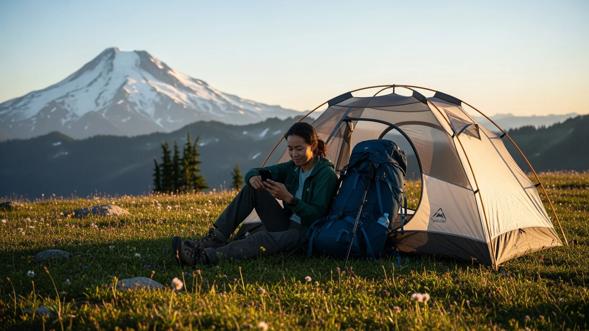 Camper using a phone near a tent with Mount Rainier in the background