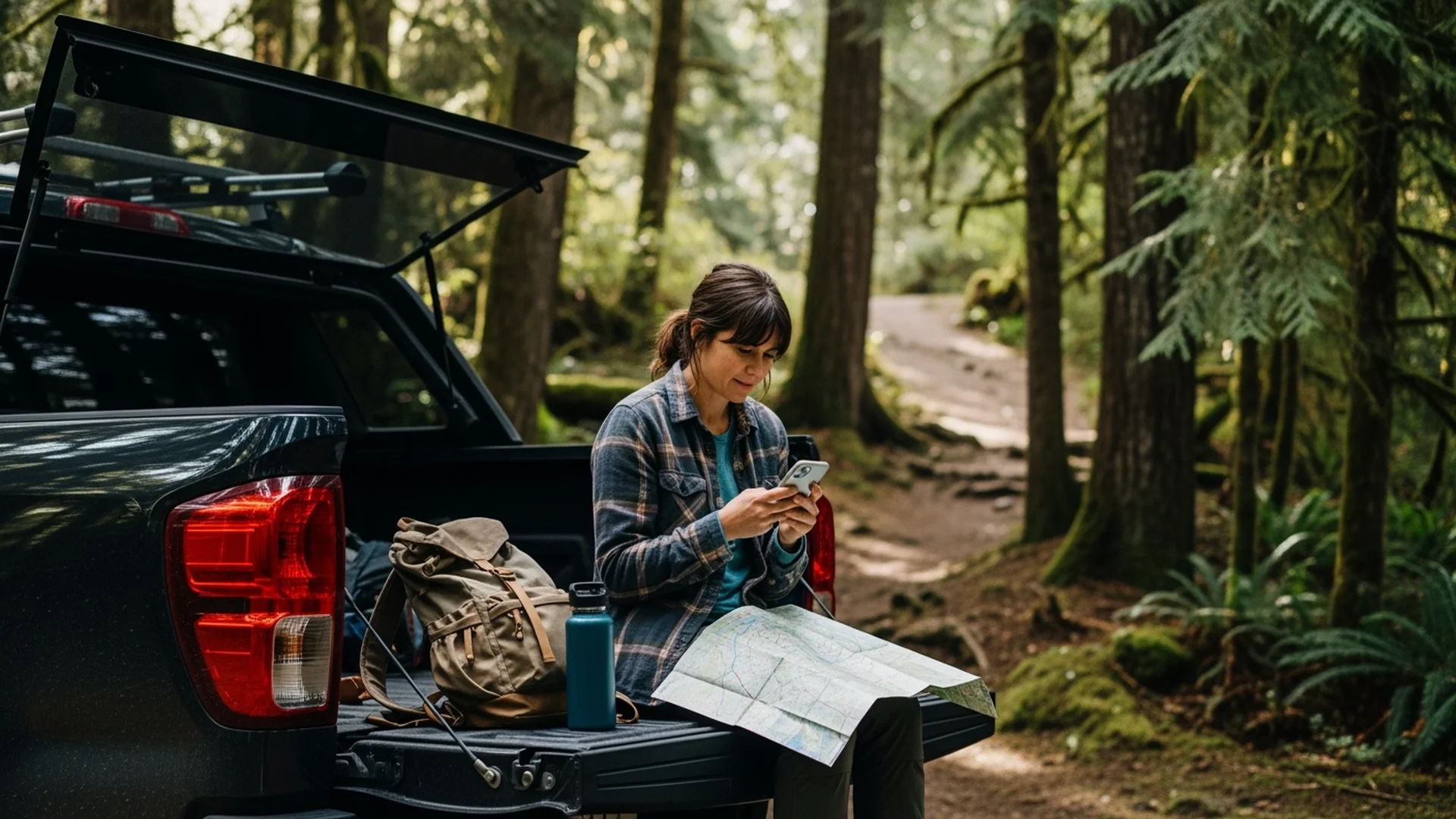 Outdoor adventurer reviewing offline maps on smartphone before a hike