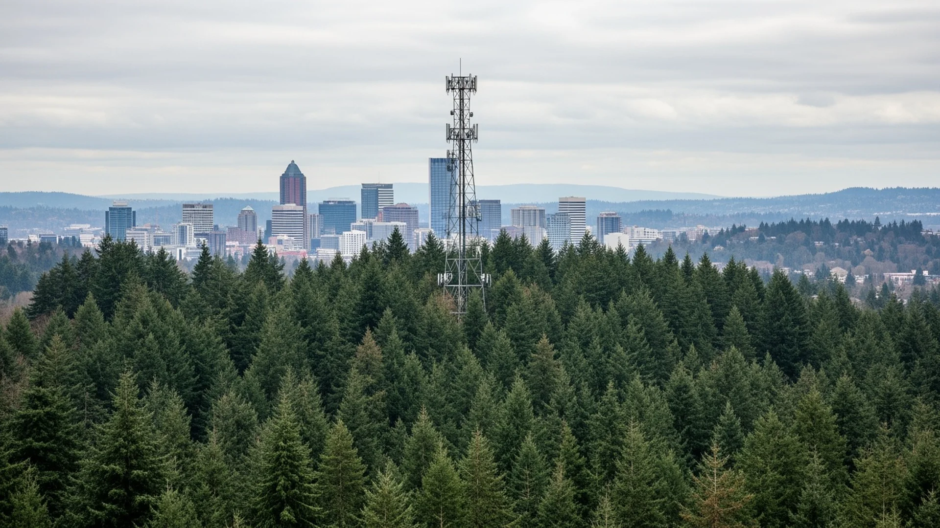 Cell tower visible above evergreen trees in Portland Oregon skyline