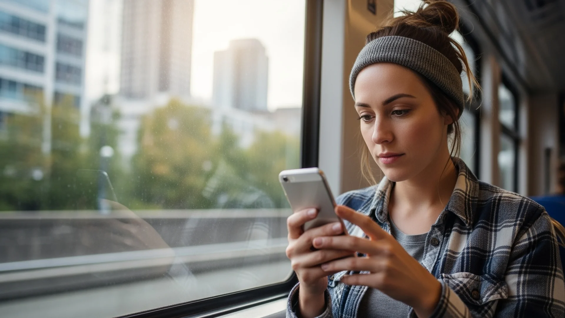 Person using smartphone on Portland MAX light rail train commute