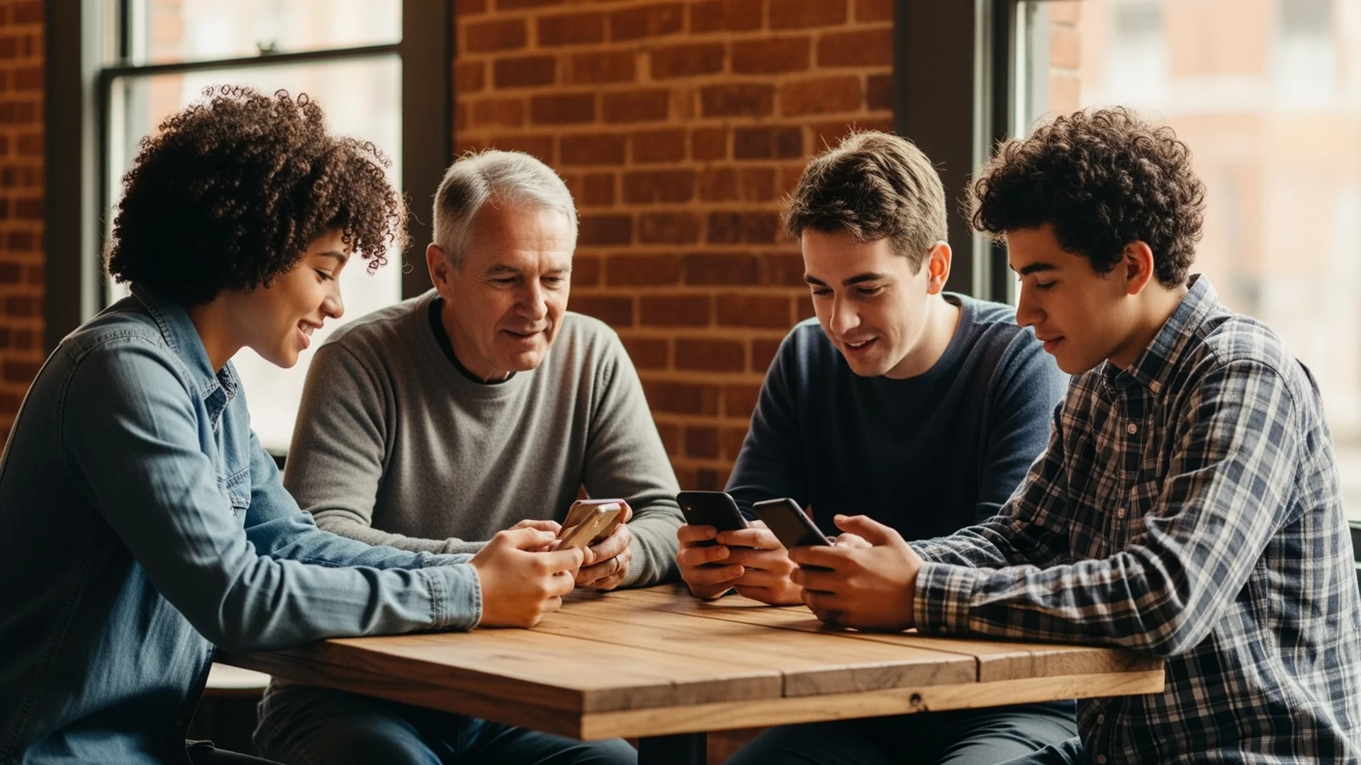 Portland family of four sharing phones around a coffee shop table
