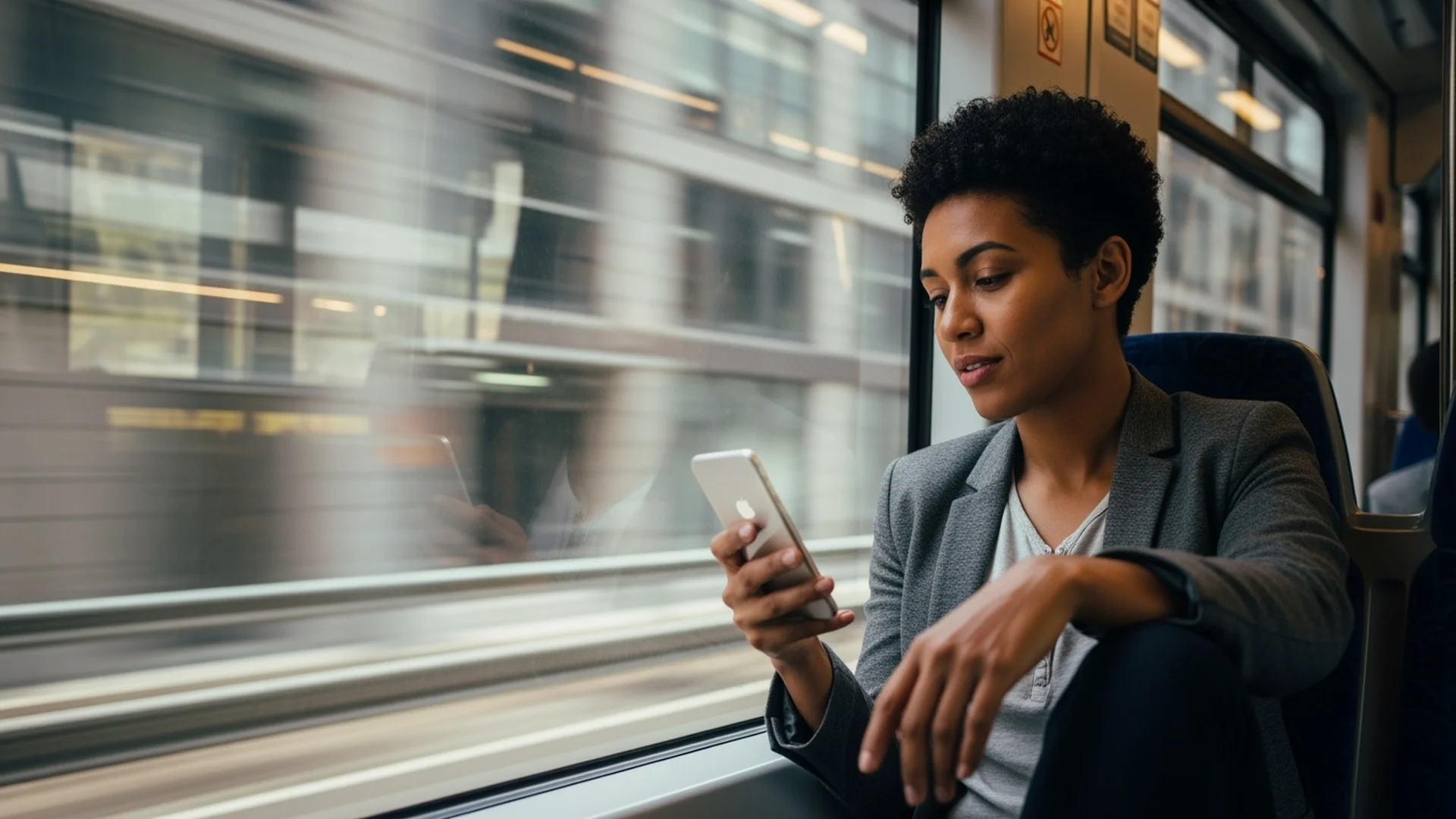 Commuter using phone on Seattle Link Light Rail train