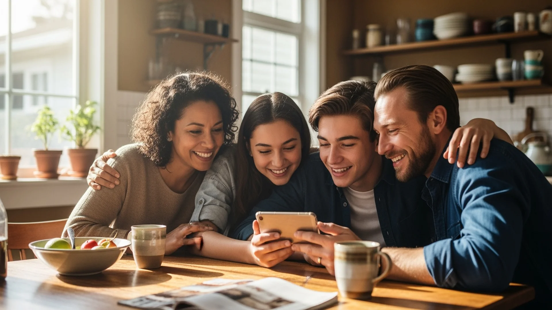 Family of four reviewing phone plan savings together at home kitchen table