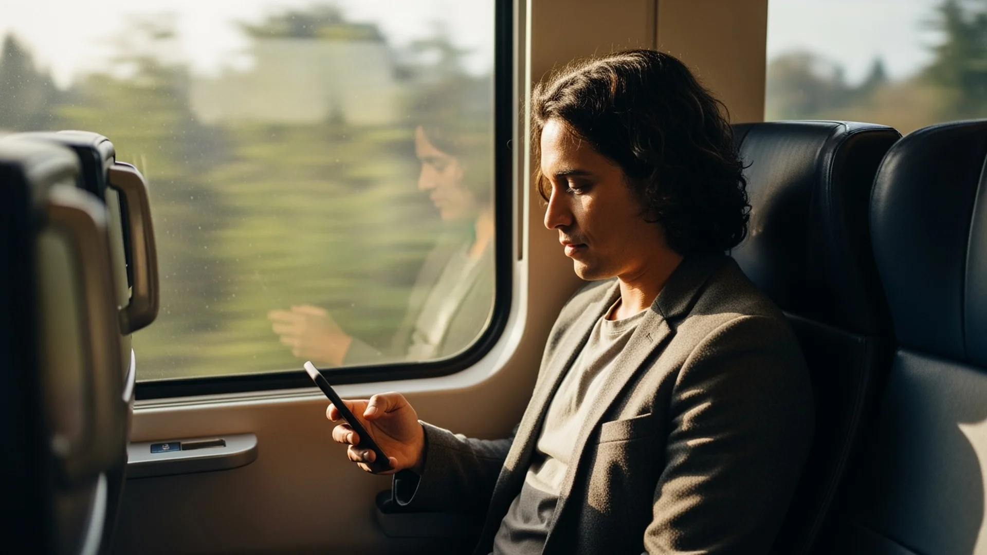 Commuter on train looking at phone during morning Sounder commute