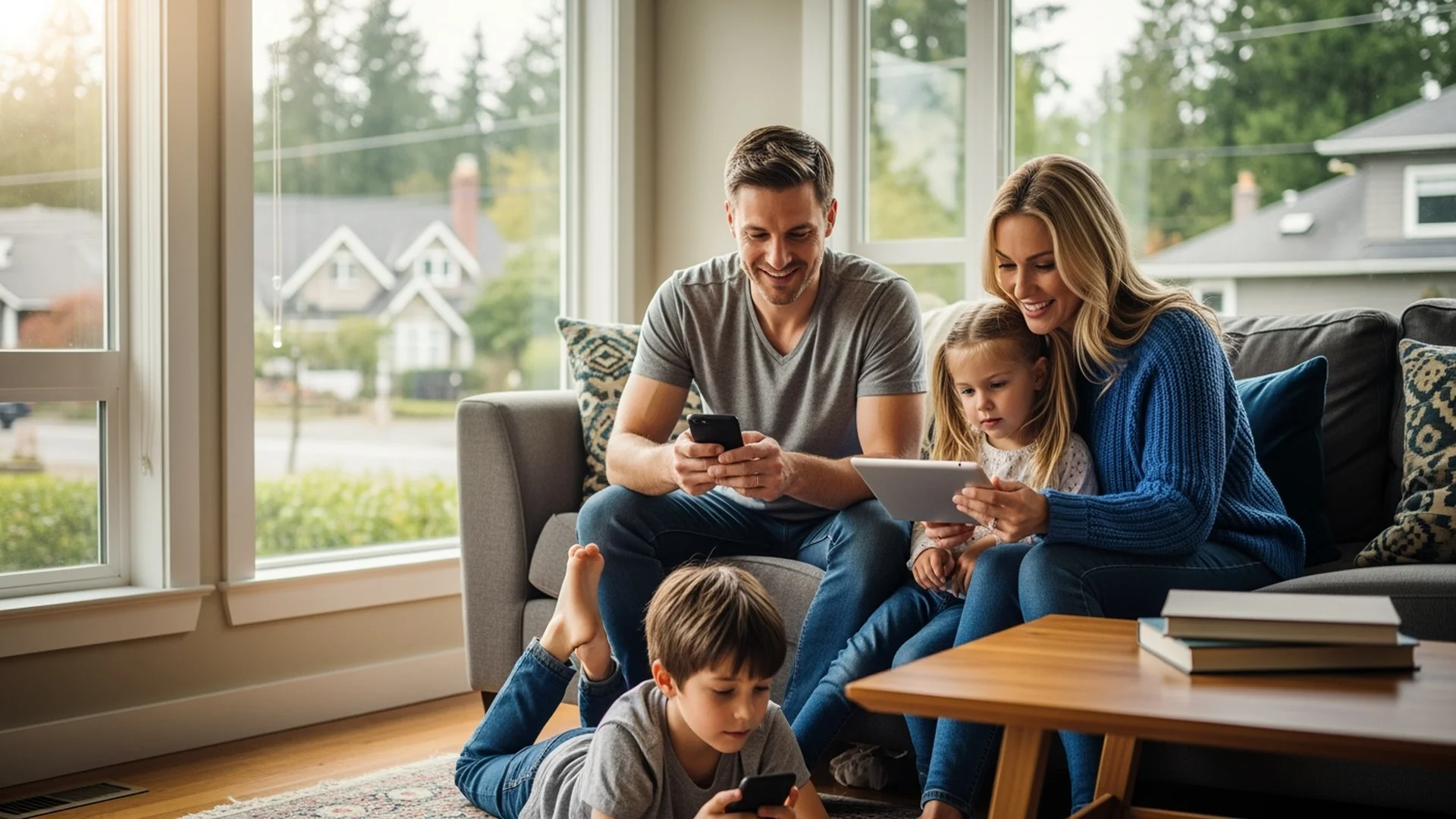 Military family with children using phones together at home in Washington