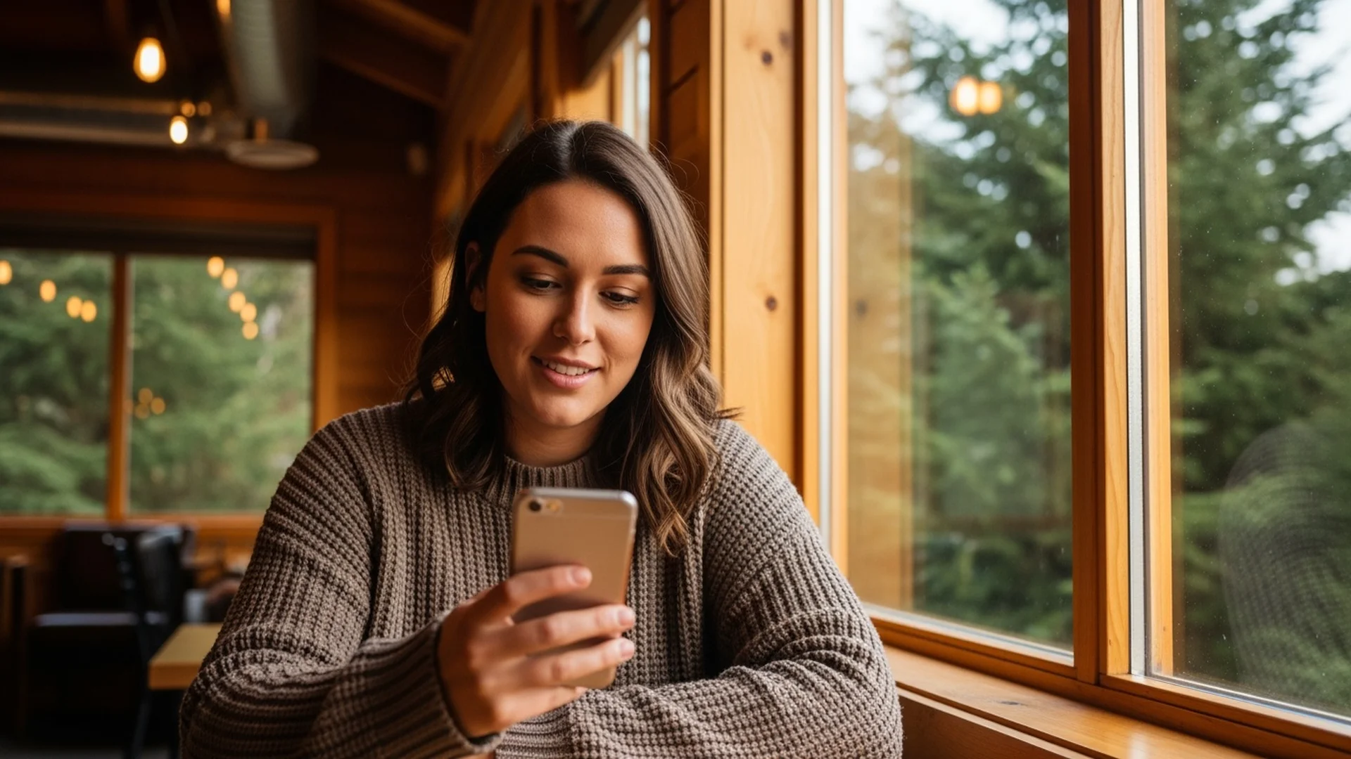 Person reviewing phone plan earnings on smartphone at a coffee shop