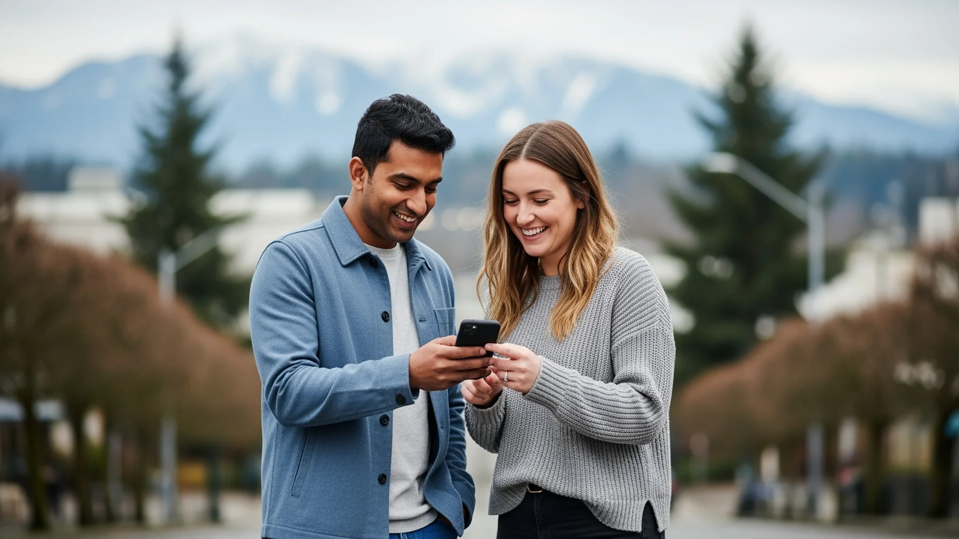 Diverse group of friends sharing a referral link on mobile phones outdoors