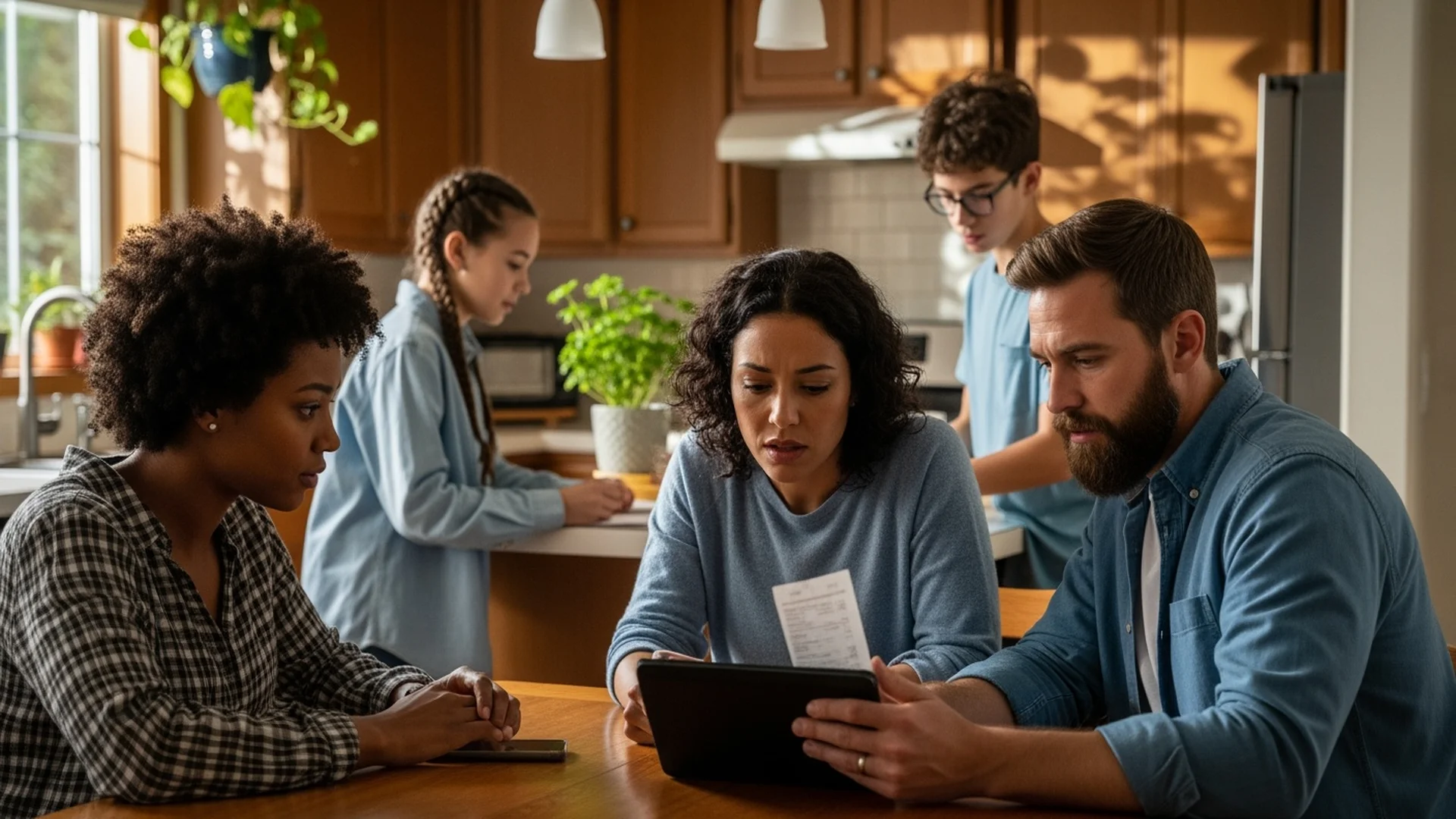 Family reviewing monthly phone bill together at kitchen table