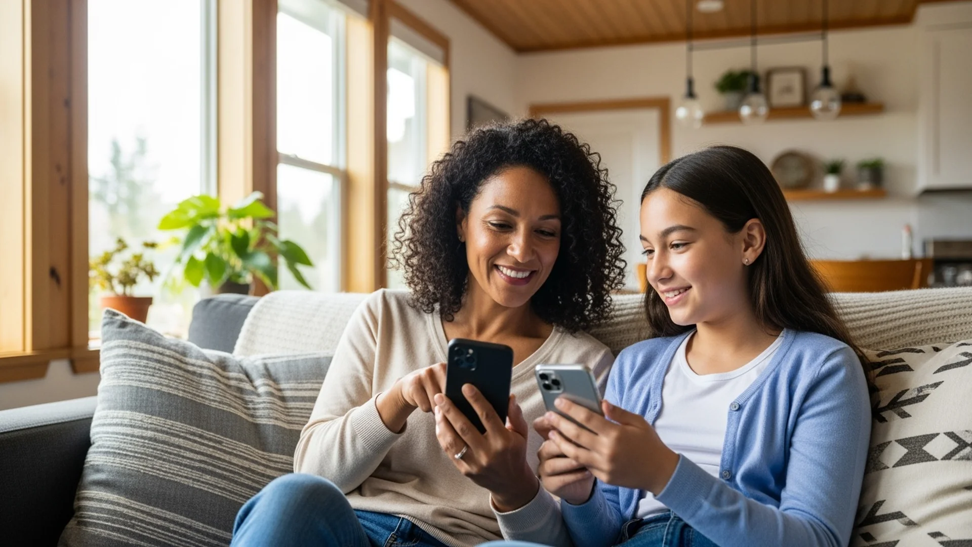 Mother and daughter comparing phone plan options on smartphones