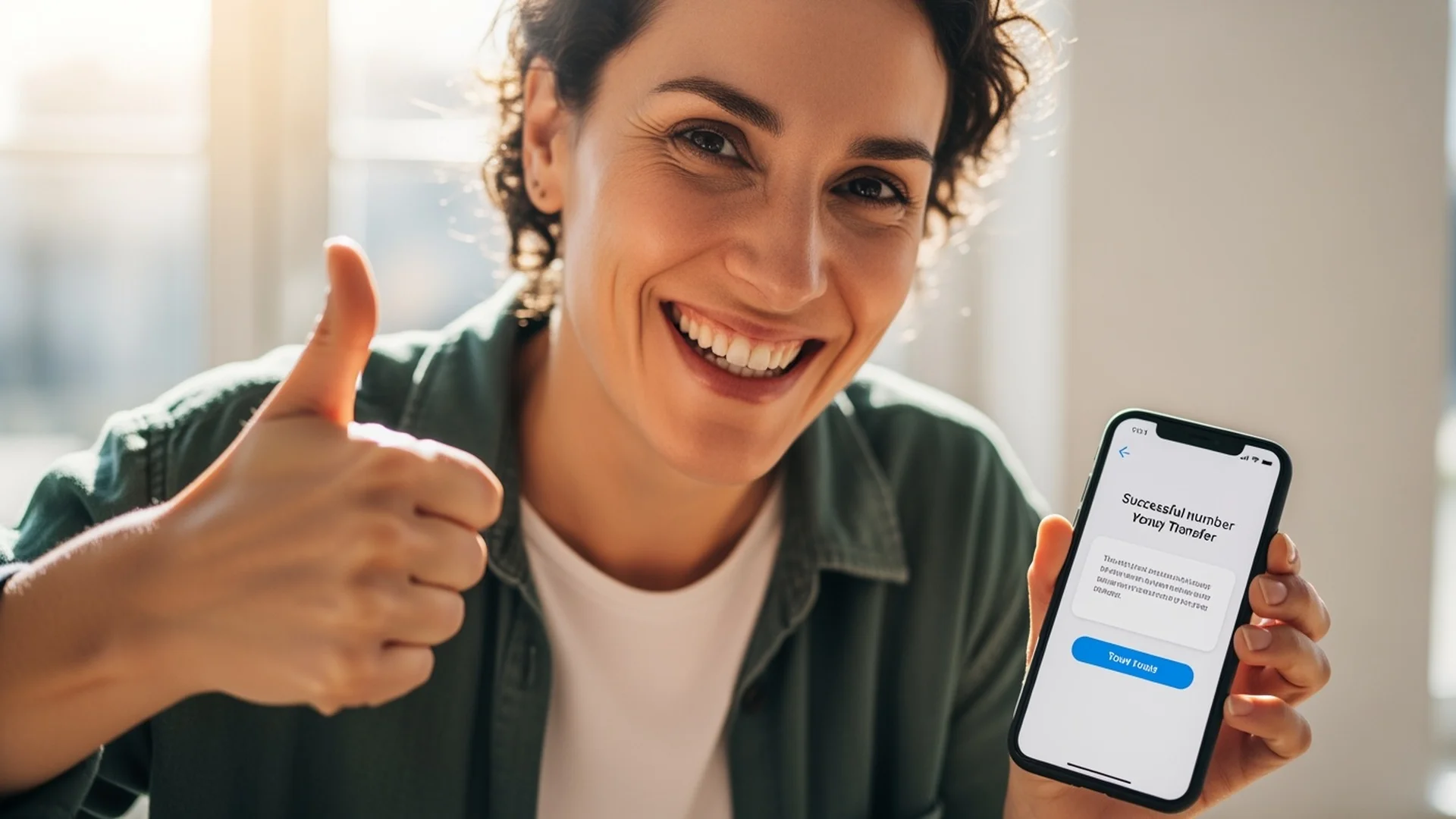 A happy person looking at their phone after successfully transferring their number to a new carrier
