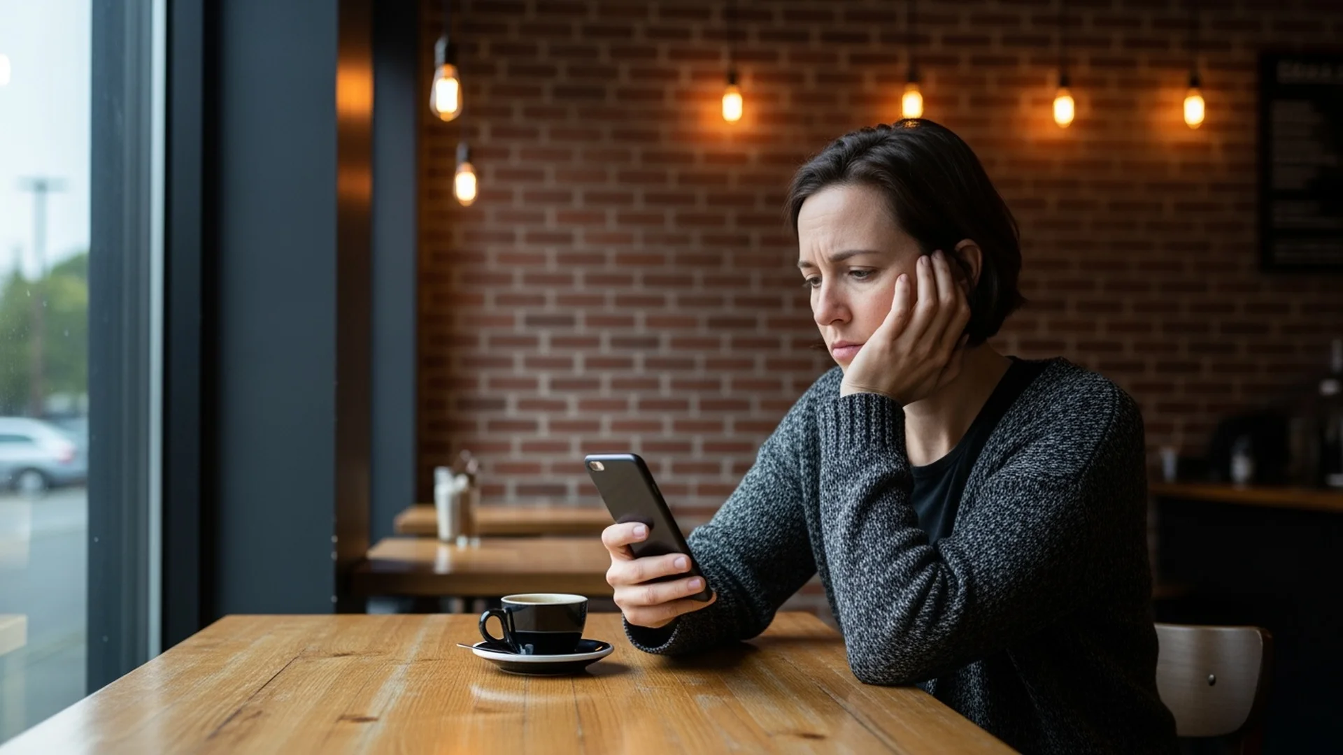 Person looking concerned at smartphone in dimly lit coffee shop