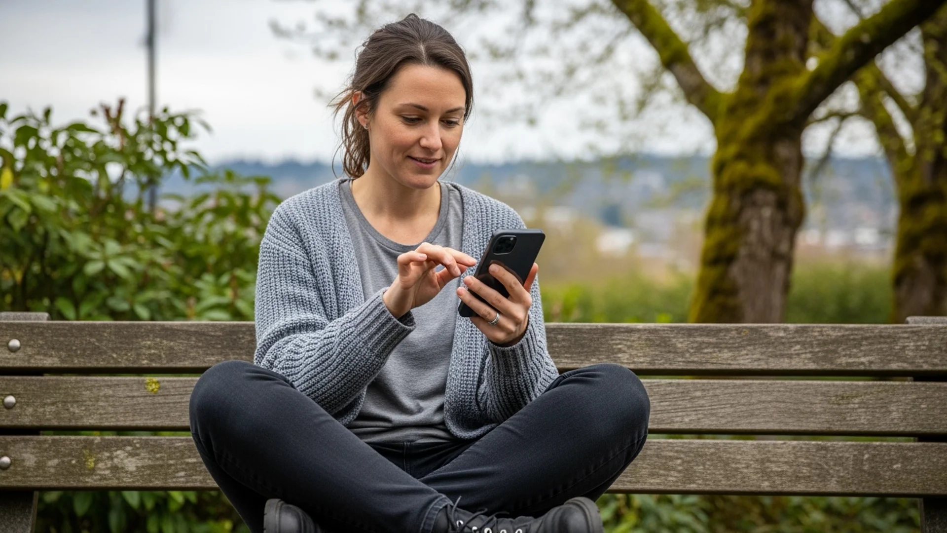 Woman switching phone carriers on smartphone using eSIM setup screen outdoors