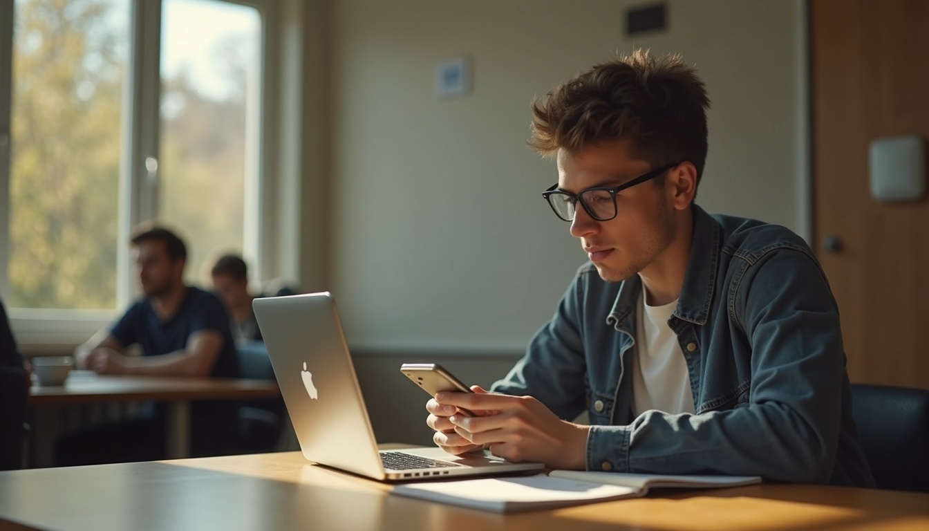 Student using phone on campus Wi-Fi