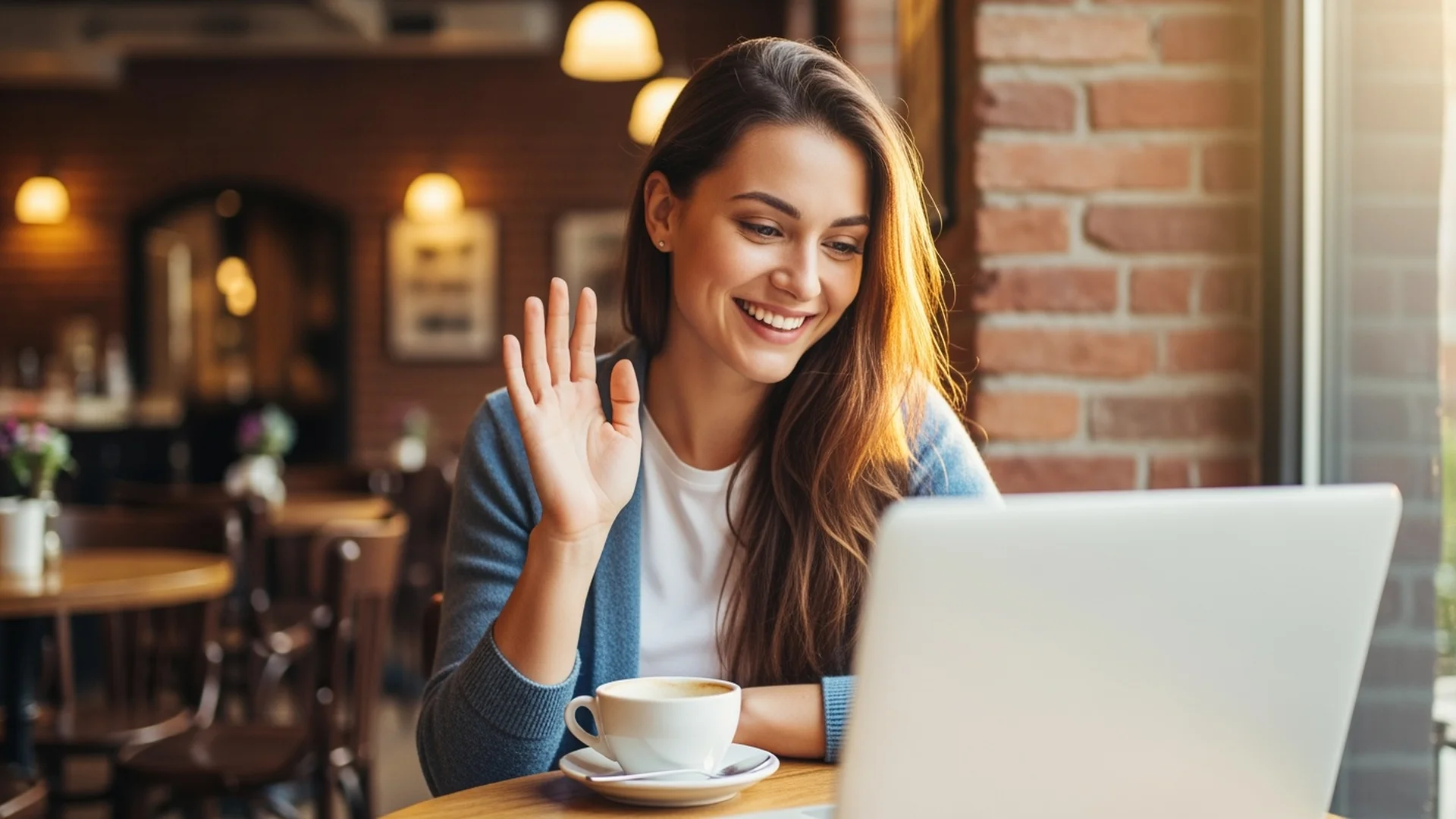 College student video calling family from abroad on a laptop in a cafe