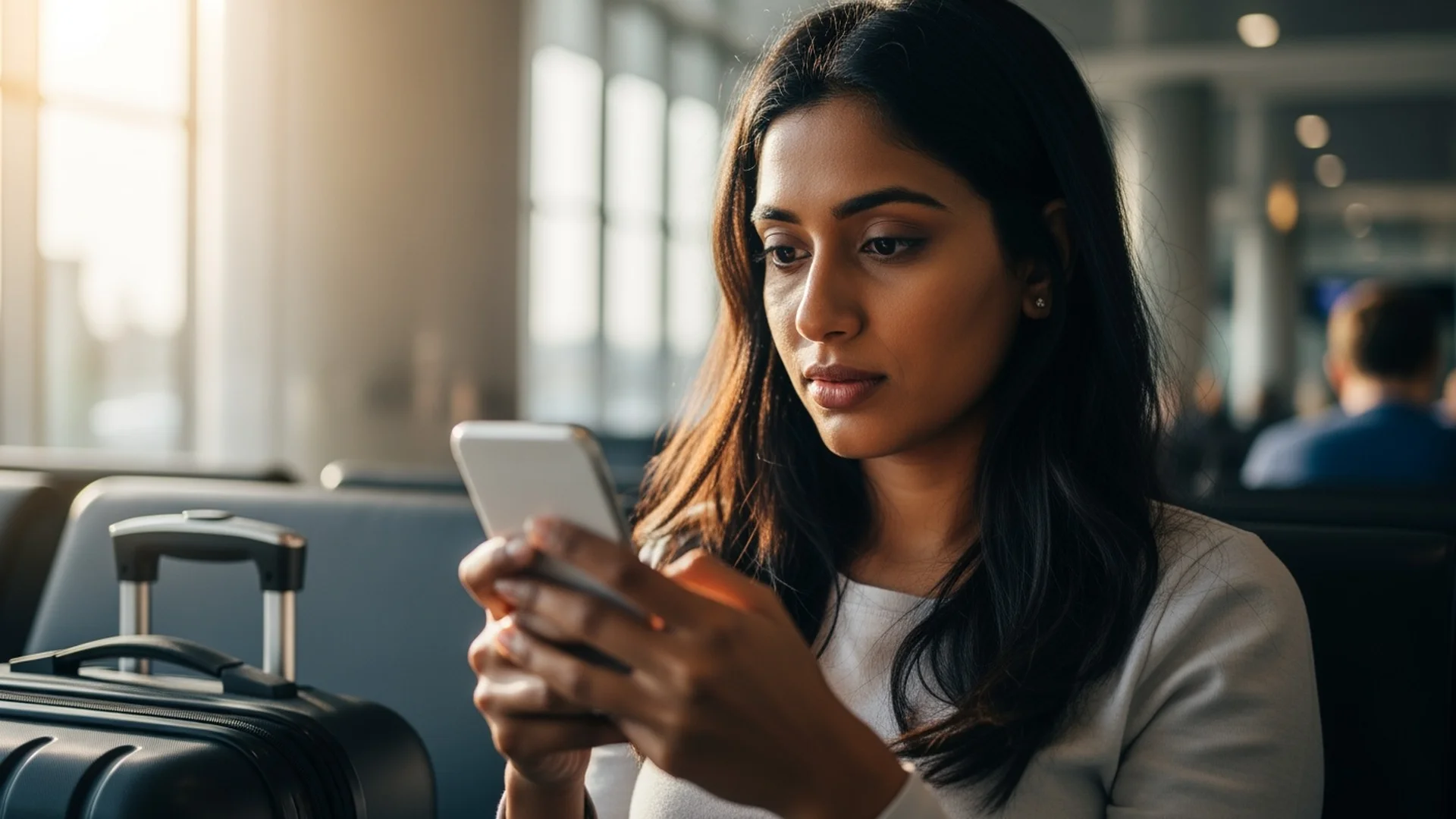 Person setting up travel eSIM on smartphone at airport departure lounge