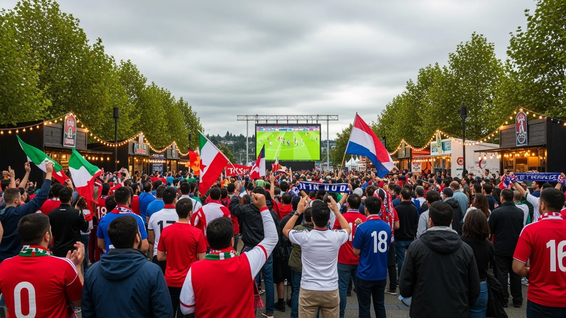 Diverse crowd of soccer fans celebrating at an outdoor fan zone near waterfront