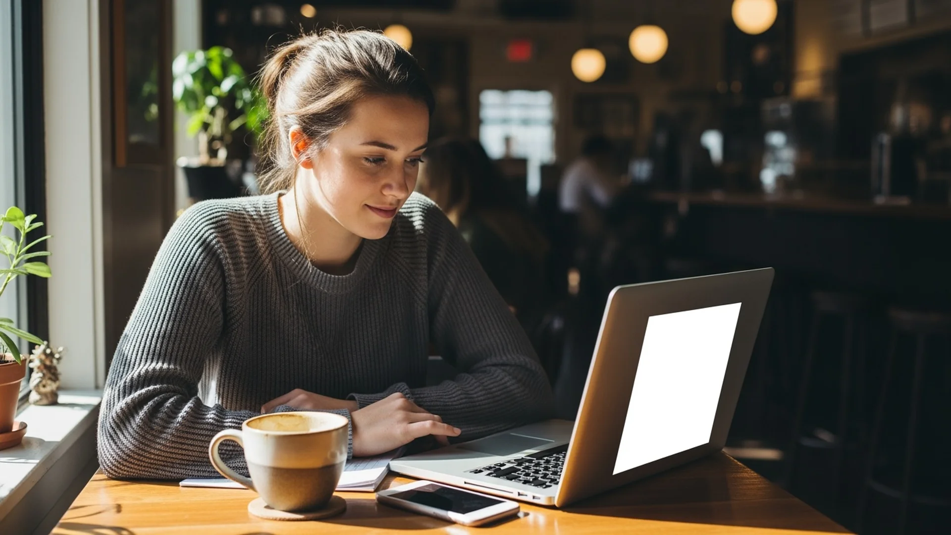 Young woman reviewing phone plan options on laptop at a coffee shop