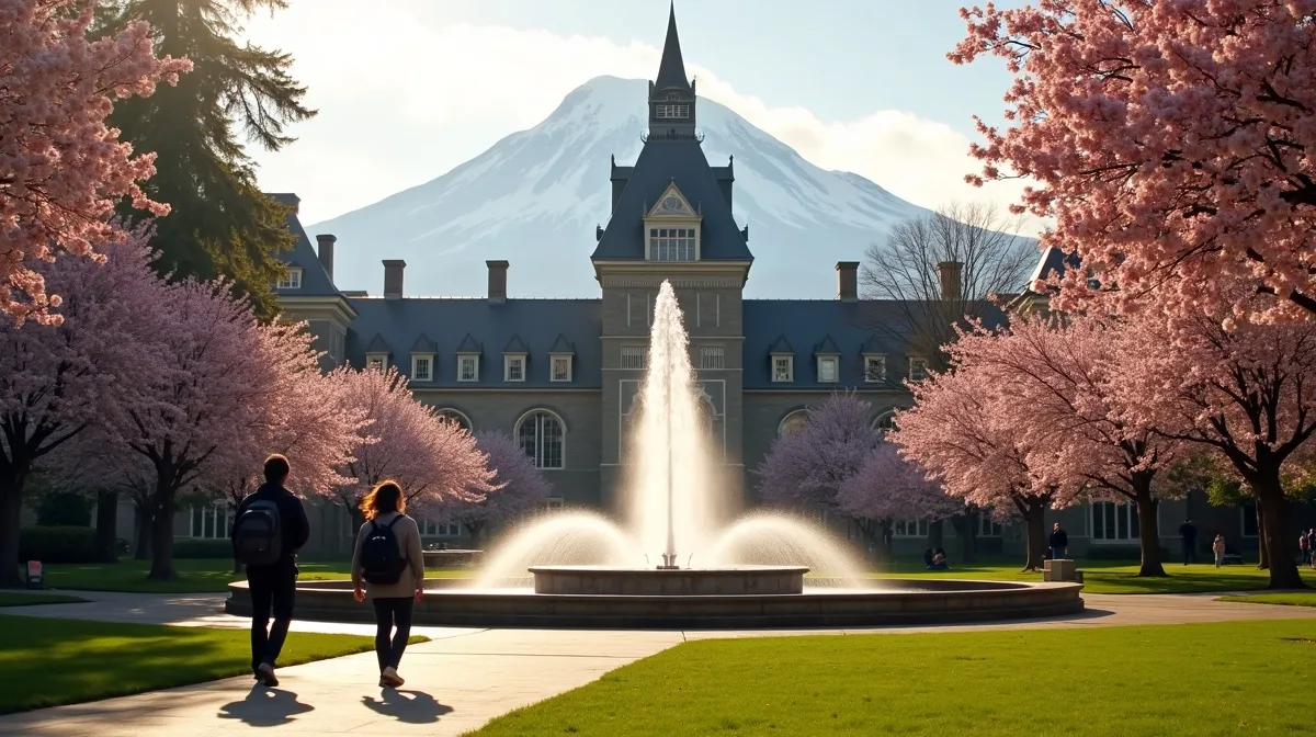 Drumheller Fountain with Suzzallo Library and Mount Rainier at the University of Washington